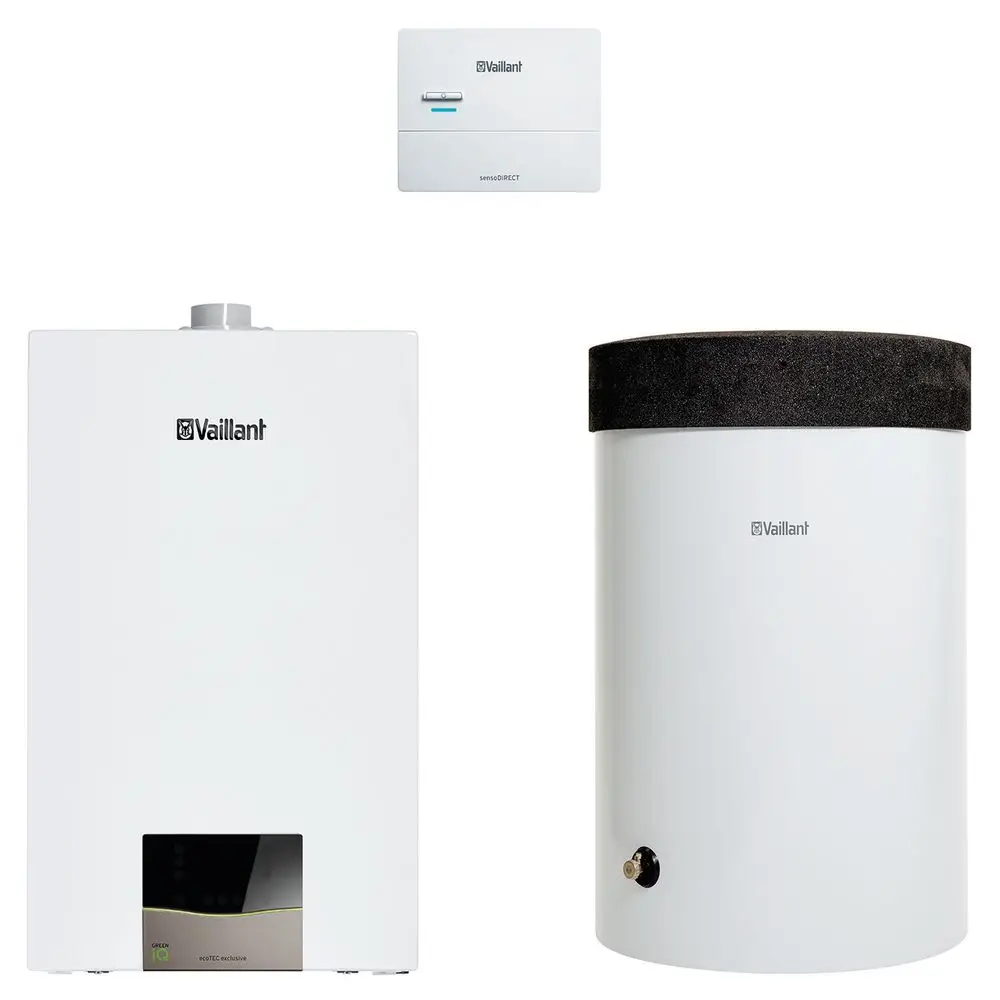 Vaillant Heizgerät, ein kompaktes System mit einem weißen Kessel, einem Wärmespeicher und einem digitalen Steuergerät in modernem Design.